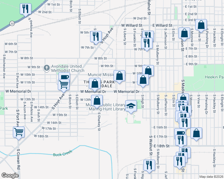 map of restaurants, bars, coffee shops, grocery stores, and more near 514 West Memorial Drive in Muncie