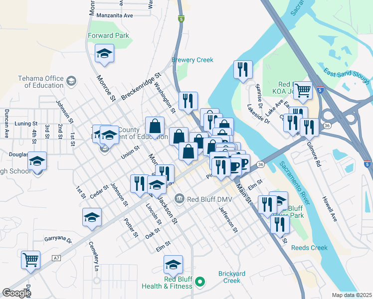 map of restaurants, bars, coffee shops, grocery stores, and more near 902 Jefferson Street in Red Bluff