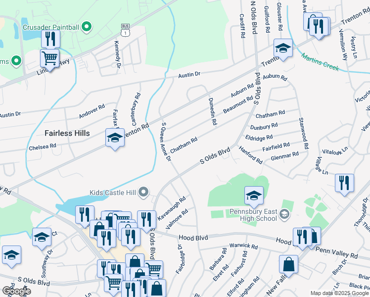 map of restaurants, bars, coffee shops, grocery stores, and more near 610 Chatham Road in Fairless Hills