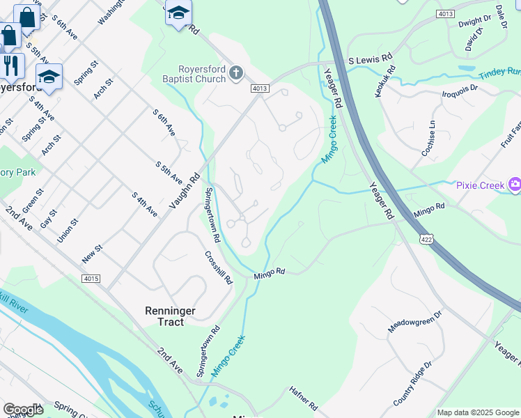 map of restaurants, bars, coffee shops, grocery stores, and more near 161 Roboda Boulevard in Royersford