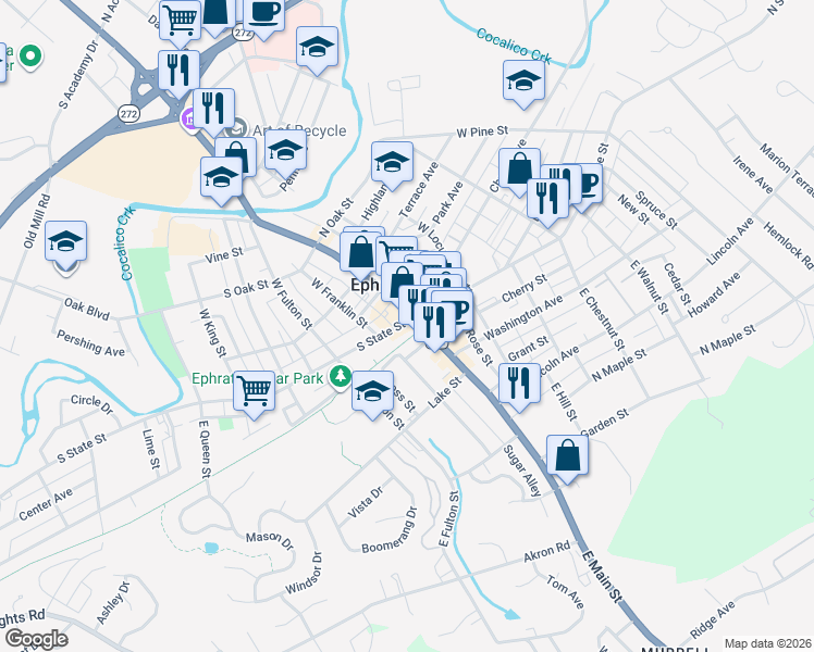 map of restaurants, bars, coffee shops, grocery stores, and more near 1 East Main Street in Ephrata