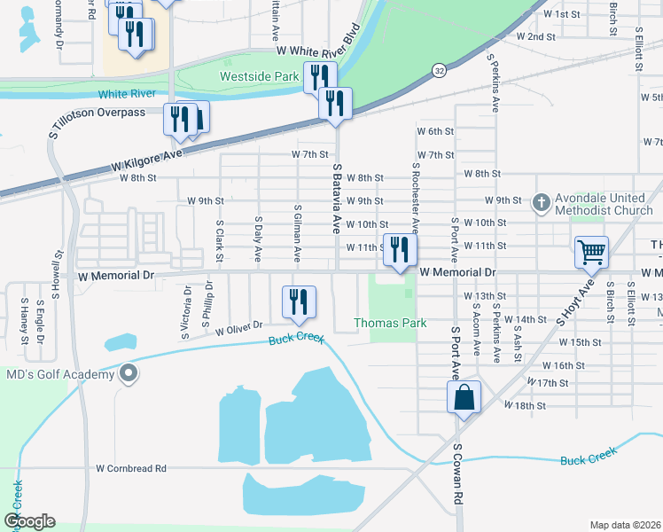map of restaurants, bars, coffee shops, grocery stores, and more near 2205 West 11th Street in Muncie