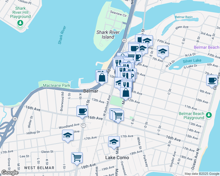 map of restaurants, bars, coffee shops, grocery stores, and more near 801 11th Avenue in Belmar