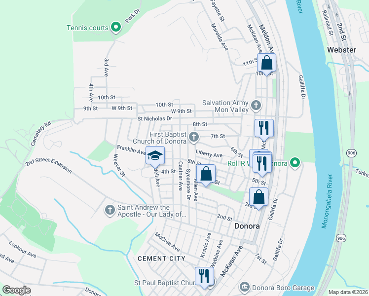 map of restaurants, bars, coffee shops, grocery stores, and more near 600 Castner Avenue in Donora