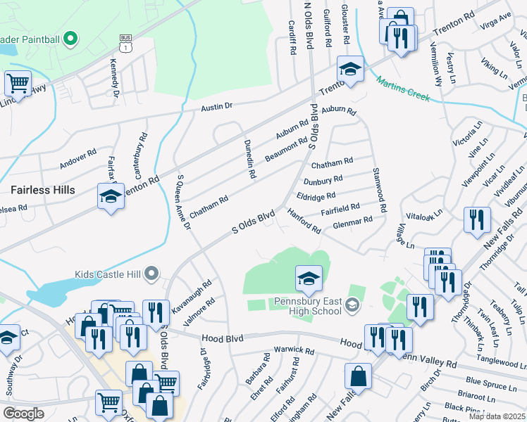 map of restaurants, bars, coffee shops, grocery stores, and more near 629 South Olds Boulevard in Fairless Hills