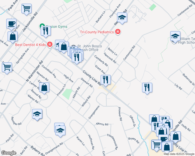 map of restaurants, bars, coffee shops, grocery stores, and more near 345 East County Line Road in Warminster