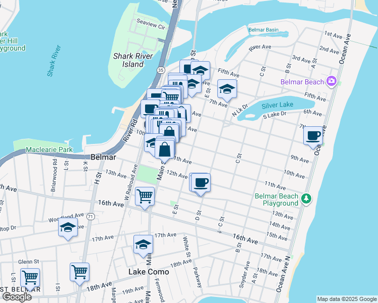 map of restaurants, bars, coffee shops, grocery stores, and more near 906 E Street in Belmar