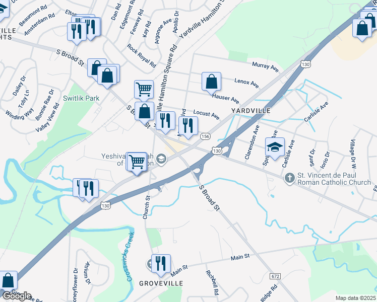 map of restaurants, bars, coffee shops, grocery stores, and more near 75 Yardville Allentown Road in Hamilton Township