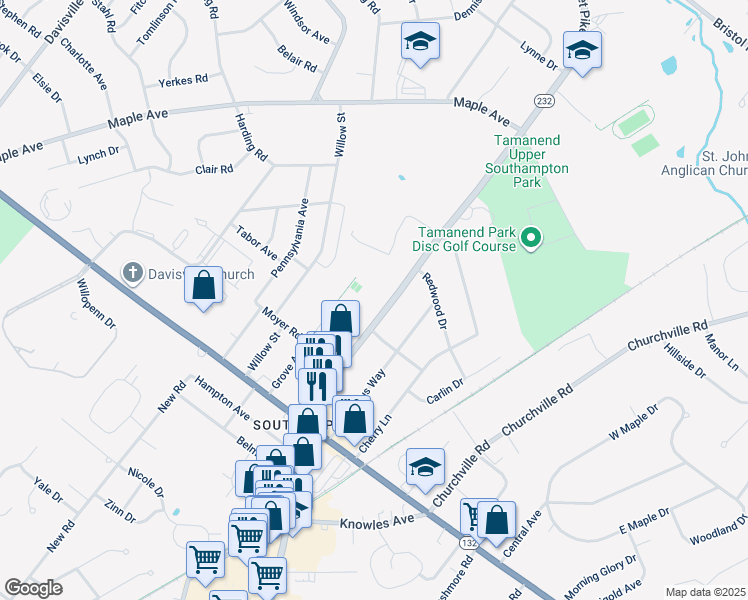 map of restaurants, bars, coffee shops, grocery stores, and more near 960 Pennsylvania 232 in Southampton