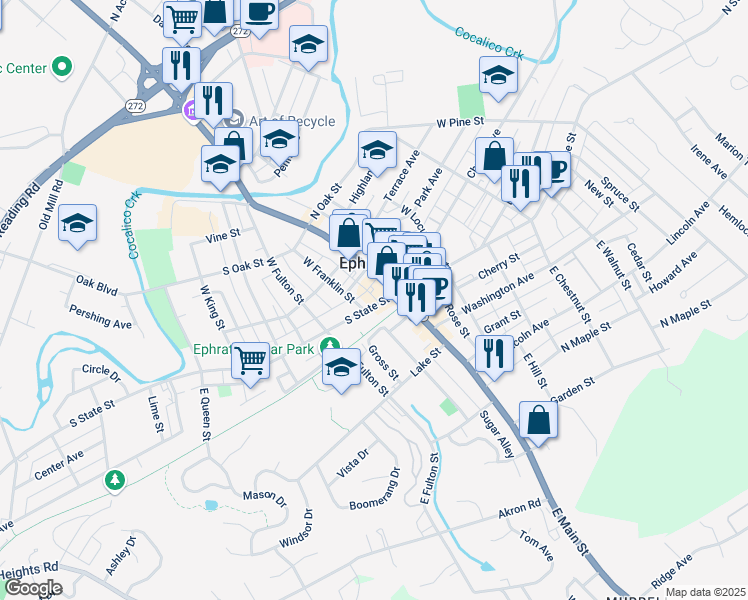 map of restaurants, bars, coffee shops, grocery stores, and more near 55 West Franklin Street in Ephrata