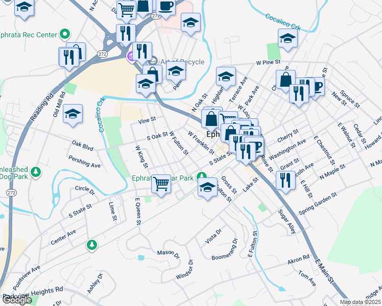 map of restaurants, bars, coffee shops, grocery stores, and more near 120 West Fulton Street in Ephrata