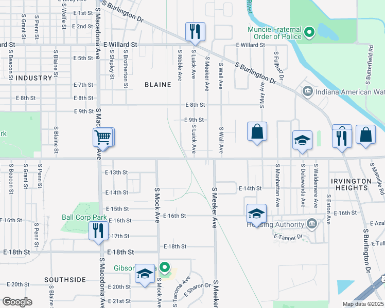 map of restaurants, bars, coffee shops, grocery stores, and more near 1804 South Ribble Avenue in Muncie