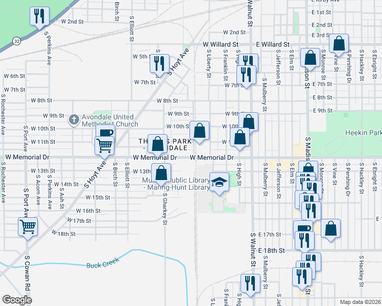 map of restaurants, bars, coffee shops, grocery stores, and more near 513 West 11th Street in Muncie