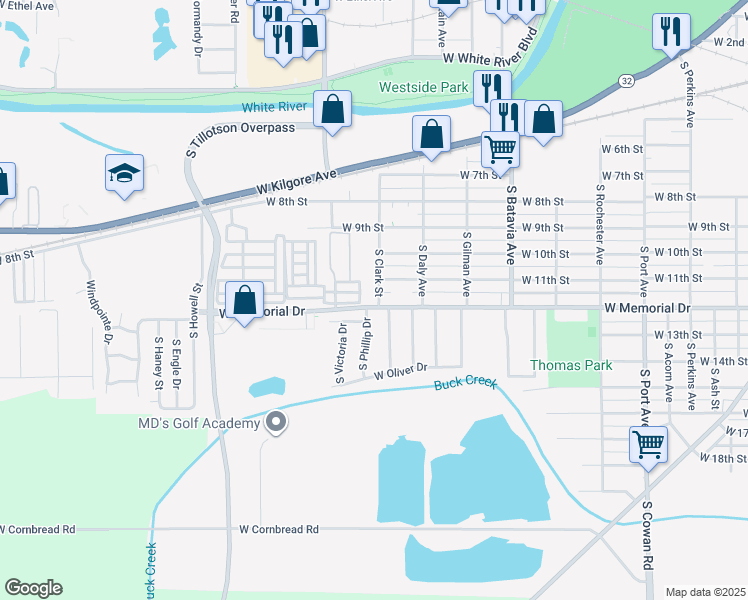 map of restaurants, bars, coffee shops, grocery stores, and more near 1805 South Clark Street in Muncie