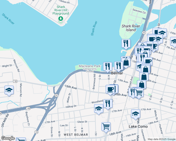 map of restaurants, bars, coffee shops, grocery stores, and more near River Road & Pine Tree Way in Belmar