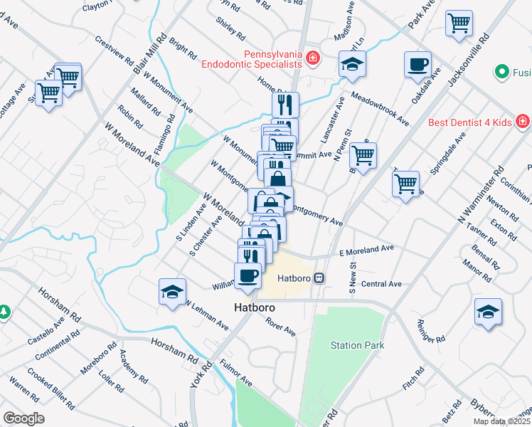 map of restaurants, bars, coffee shops, grocery stores, and more near 27 North York Road in Hatboro