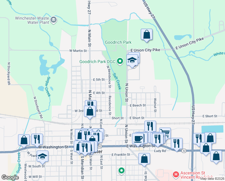 map of restaurants, bars, coffee shops, grocery stores, and more near 616 North Residence Street in Winchester