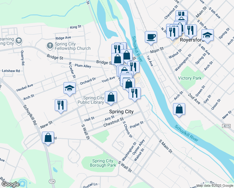 map of restaurants, bars, coffee shops, grocery stores, and more near 67 North Church Street in Spring City