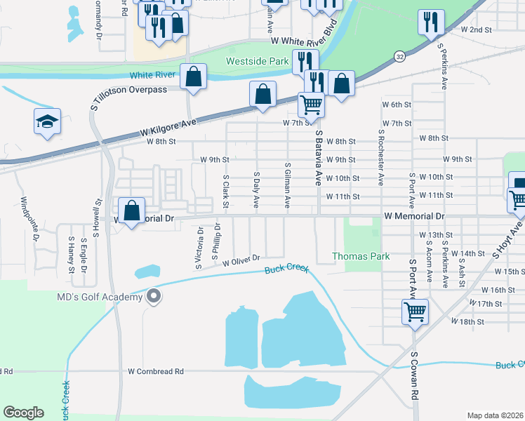 map of restaurants, bars, coffee shops, grocery stores, and more near 2409 West 11th Street in Muncie
