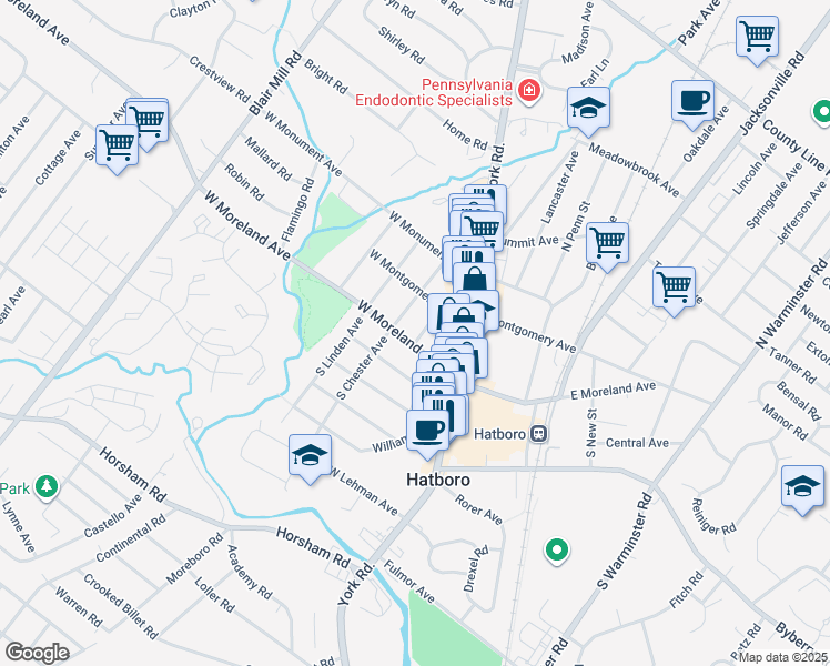map of restaurants, bars, coffee shops, grocery stores, and more near 20 North Chester Avenue in Hatboro