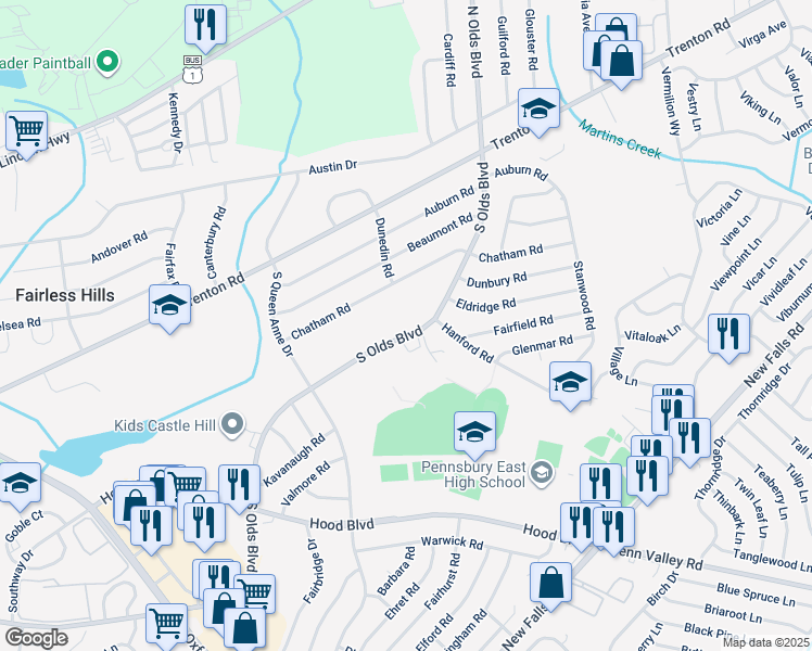 map of restaurants, bars, coffee shops, grocery stores, and more near 629 South Olds Boulevard in Fairless Hills