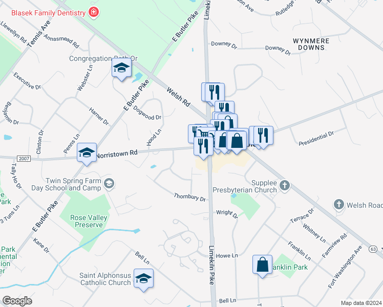 map of restaurants, bars, coffee shops, grocery stores, and more near 1833 Norristown Road in Maple Glen