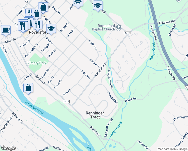 map of restaurants, bars, coffee shops, grocery stores, and more near 407 Vaughn Road in Royersford