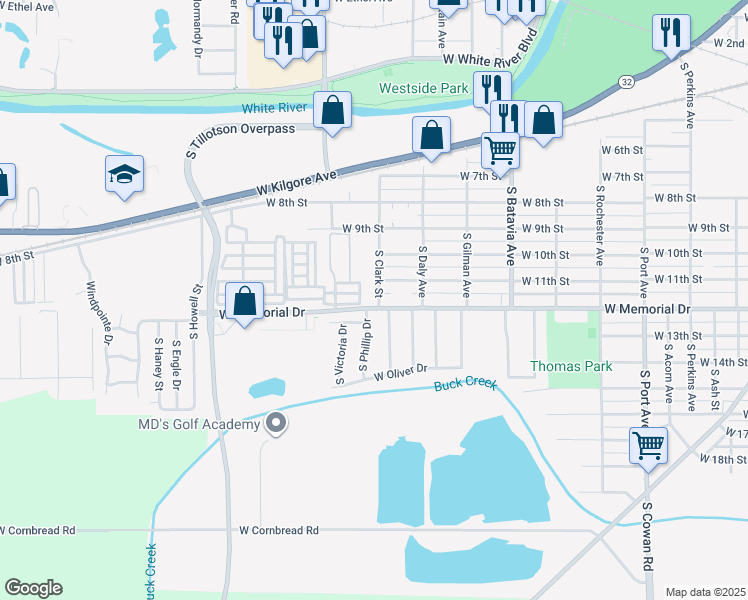 map of restaurants, bars, coffee shops, grocery stores, and more near 1805 South Clark Street in Muncie