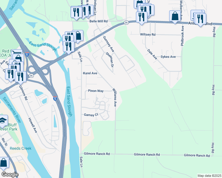 map of restaurants, bars, coffee shops, grocery stores, and more near 327 Pinon Way in Red Bluff