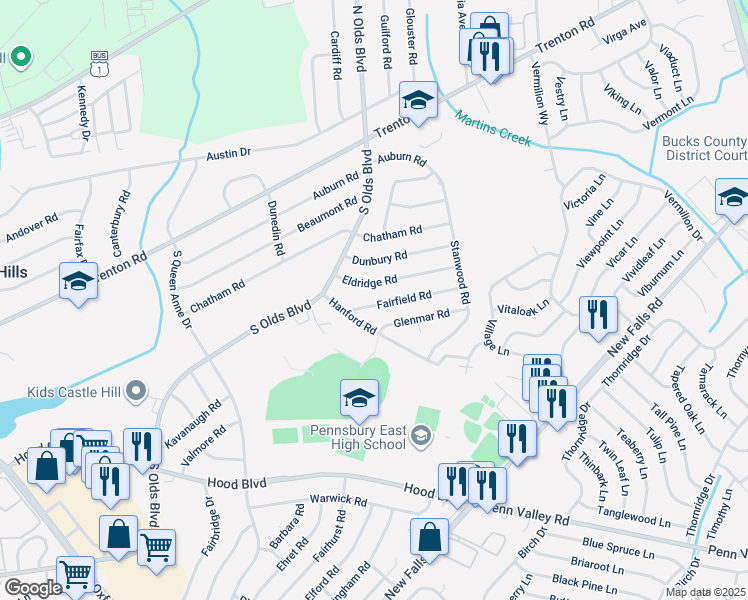 map of restaurants, bars, coffee shops, grocery stores, and more near 811 Fairfield Road in Fairless Hills