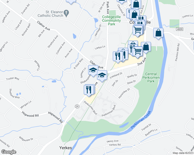 map of restaurants, bars, coffee shops, grocery stores, and more near 555 2nd Avenue in Collegeville