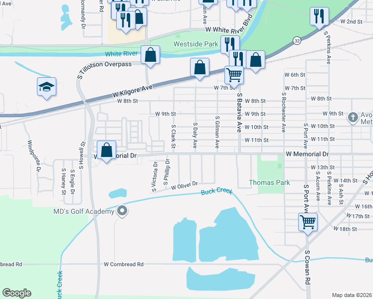 map of restaurants, bars, coffee shops, grocery stores, and more near 2525 West 11th Street in Muncie