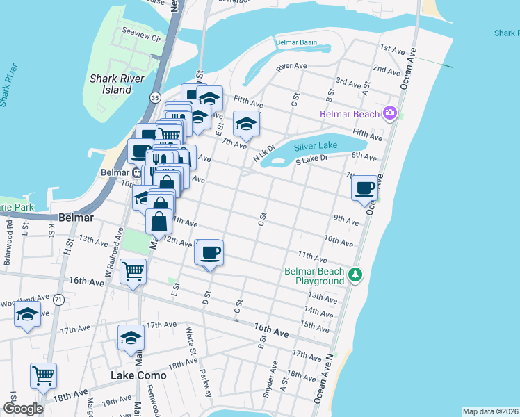 map of restaurants, bars, coffee shops, grocery stores, and more near 411 9th Avenue in Belmar