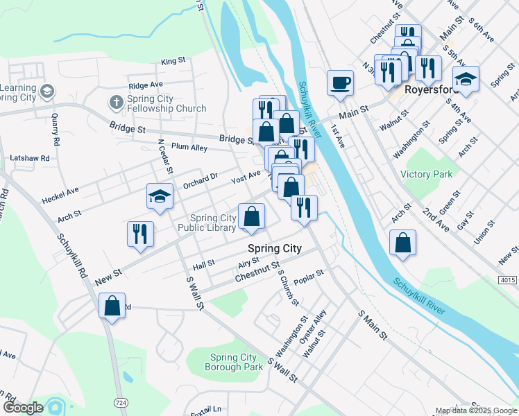 map of restaurants, bars, coffee shops, grocery stores, and more near 73 North Church Street in Spring City
