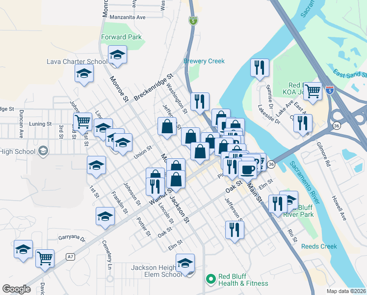 map of restaurants, bars, coffee shops, grocery stores, and more near 500-548 Cedar Street in Red Bluff