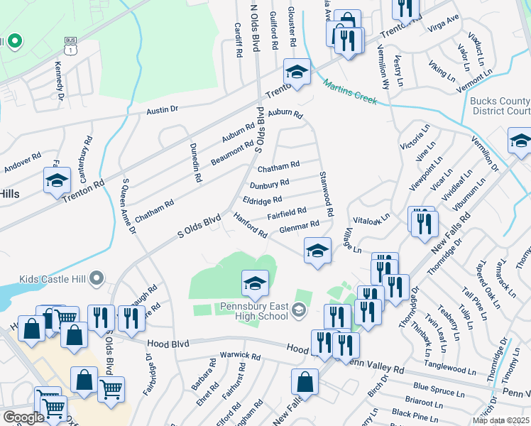 map of restaurants, bars, coffee shops, grocery stores, and more near 811 Fairfield Road in Fairless Hills