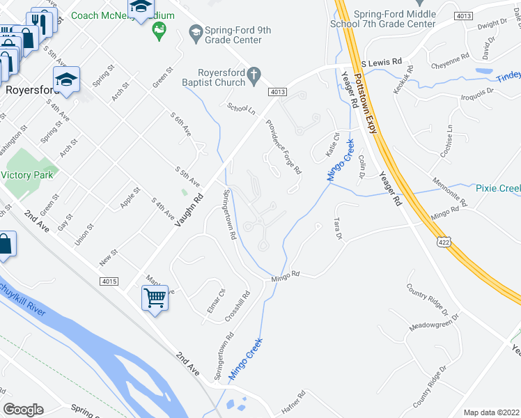 map of restaurants, bars, coffee shops, grocery stores, and more near 134 Roboda Boulevard in Royersford