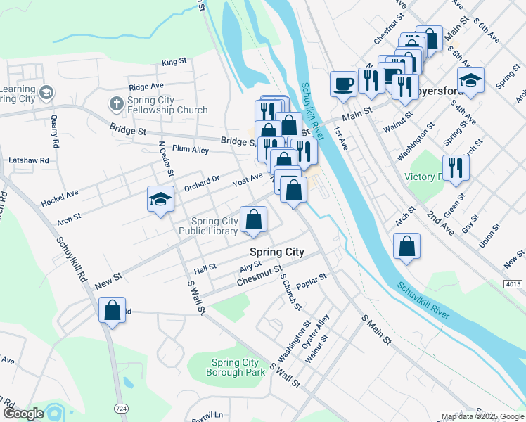 map of restaurants, bars, coffee shops, grocery stores, and more near 73 North Church Street in Spring City