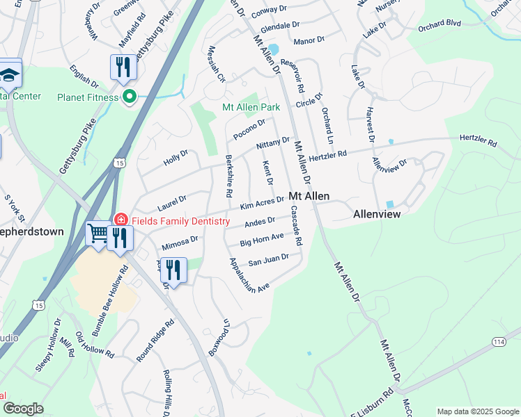 map of restaurants, bars, coffee shops, grocery stores, and more near 17 Kim Acres Drive in Mechanicsburg