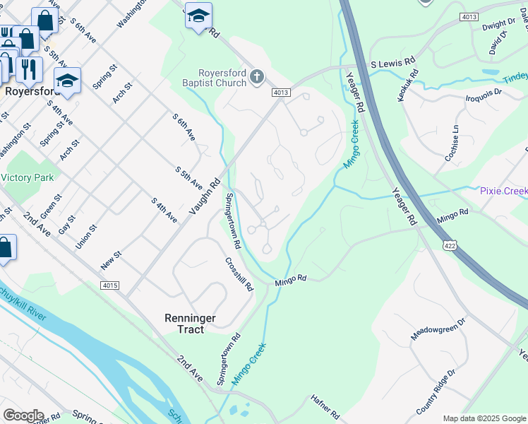 map of restaurants, bars, coffee shops, grocery stores, and more near 134 Roboda Boulevard in Royersford