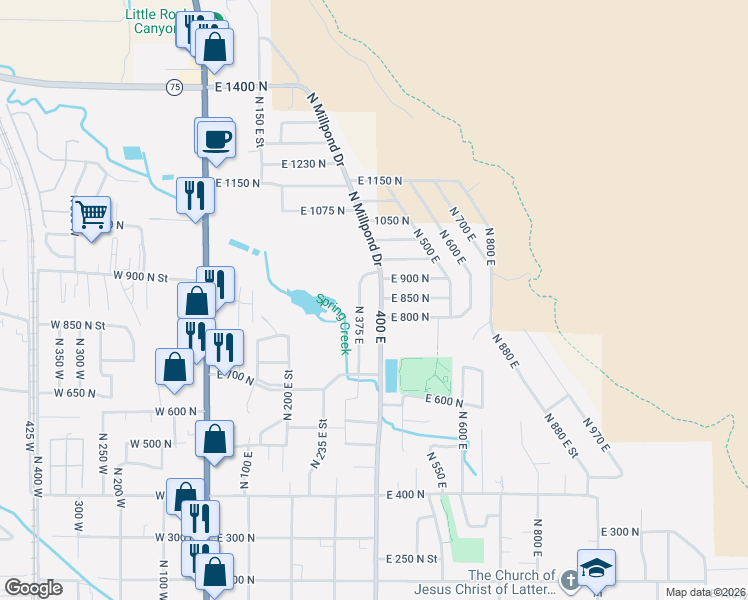 map of restaurants, bars, coffee shops, grocery stores, and more near 849 North 400 East in Springville