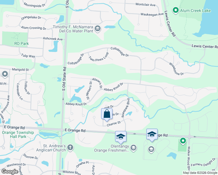 map of restaurants, bars, coffee shops, grocery stores, and more near 2675 Abbey Knoll Drive in Lewis Center
