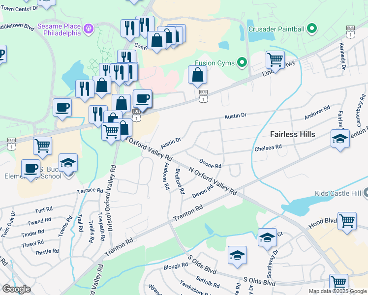 map of restaurants, bars, coffee shops, grocery stores, and more near 215 Andover Road in Fairless Hills