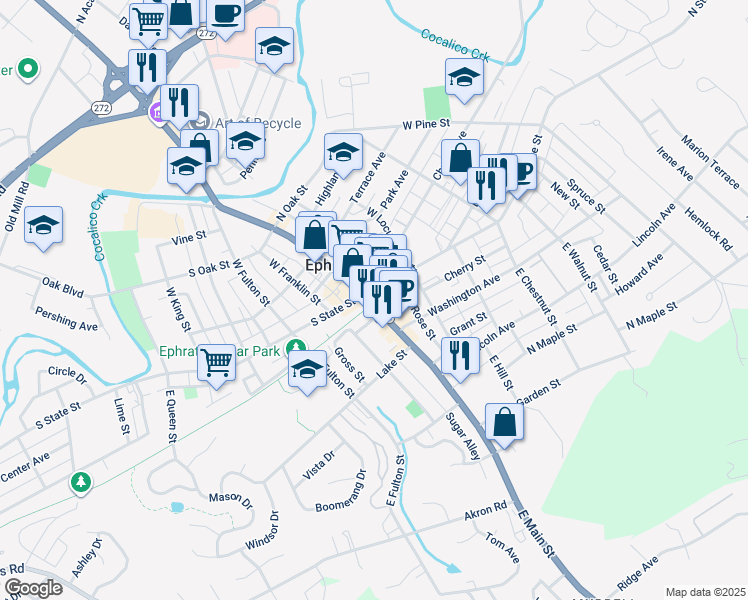 map of restaurants, bars, coffee shops, grocery stores, and more near 10 East Main Street in Ephrata