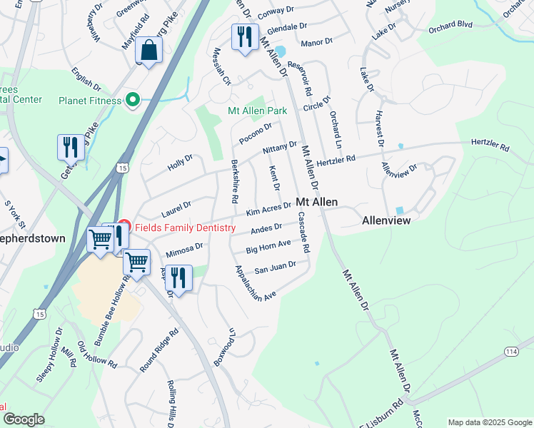 map of restaurants, bars, coffee shops, grocery stores, and more near 17 Kim Acres Drive in Mechanicsburg