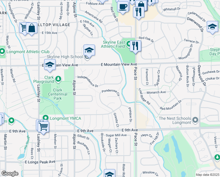 map of restaurants, bars, coffee shops, grocery stores, and more near 709 Independence Drive in Longmont