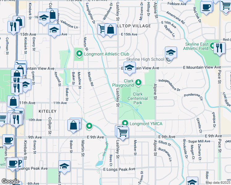 map of restaurants, bars, coffee shops, grocery stores, and more near 1117 Lashley Street in Longmont