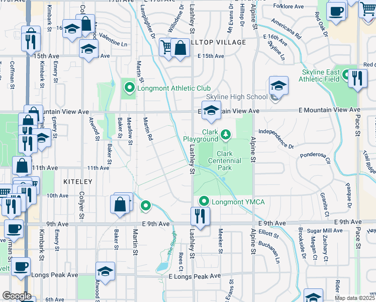 map of restaurants, bars, coffee shops, grocery stores, and more near 1117 Lashley Street in Longmont