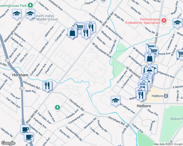 map of restaurants, bars, coffee shops, grocery stores, and more near 249 Village Drive in Horsham