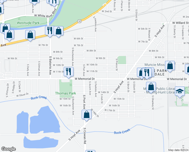 map of restaurants, bars, coffee shops, grocery stores, and more near 1511 West 11th Street in Muncie